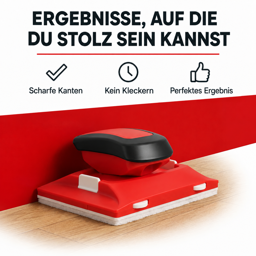 Rotes Streichgerät mit schwarzem Griff und weißem Filzstreifen steht an einer roten Wand auf einem Holzboden 2