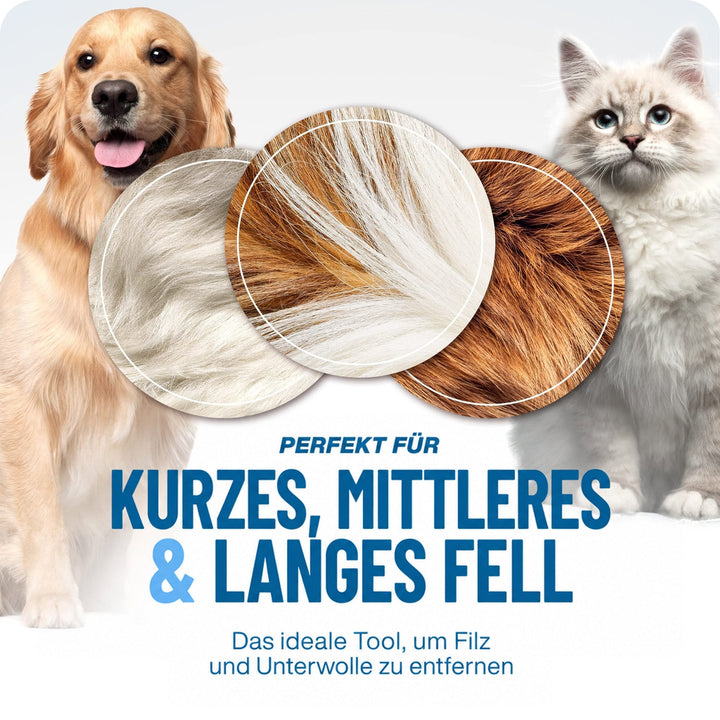 Golden Retriever und helle Langhaarkatze flankieren drei runde Fellausschnitte in verschiedenen Längen, für kurzes, mittleres und langes Haar. 5