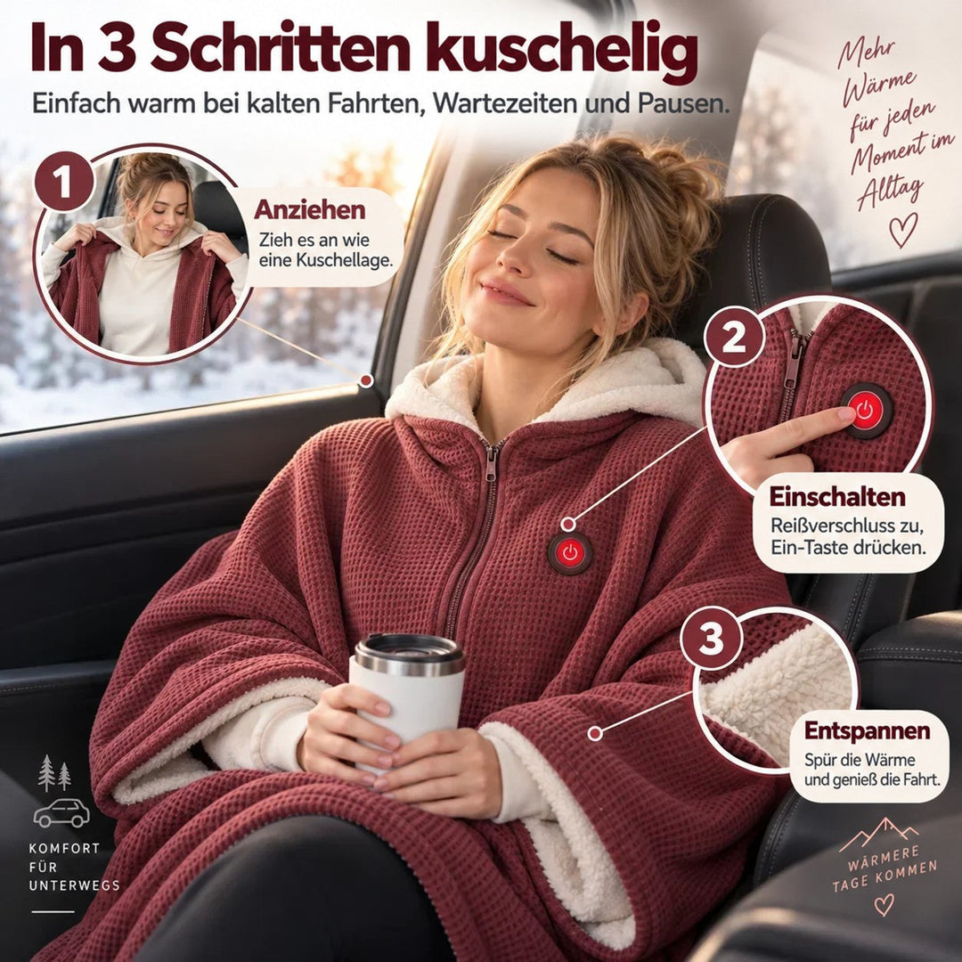 Frau im Auto mit roter Decke, dazu Detailkreise zu Anziehen, Einschalten per Knopf und Entspannen 5