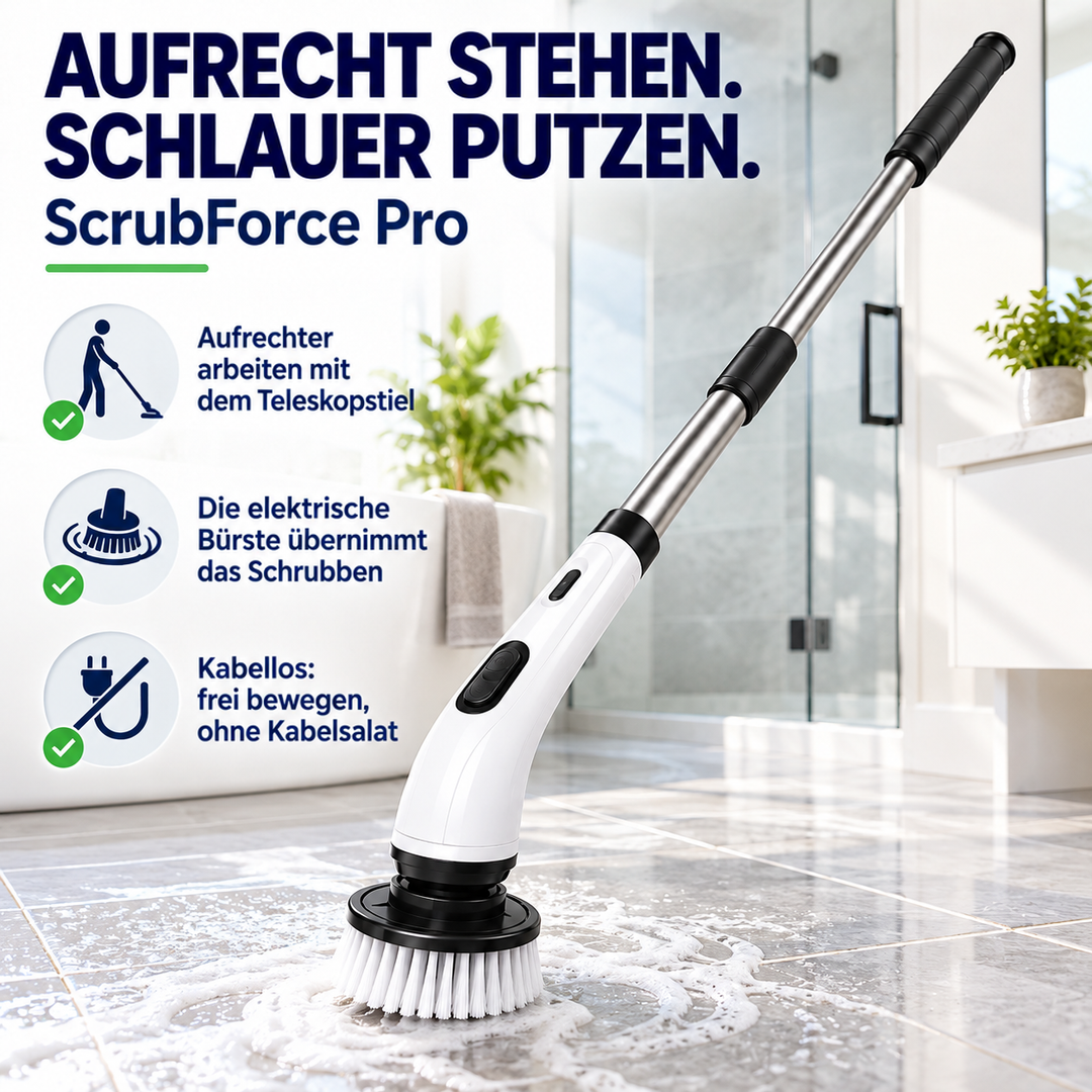 Schrubbürste mit langer Stange schrubbt schäumend einen Fliesenboden im Badezimmer, daneben drei Vorteile als Symbole 1