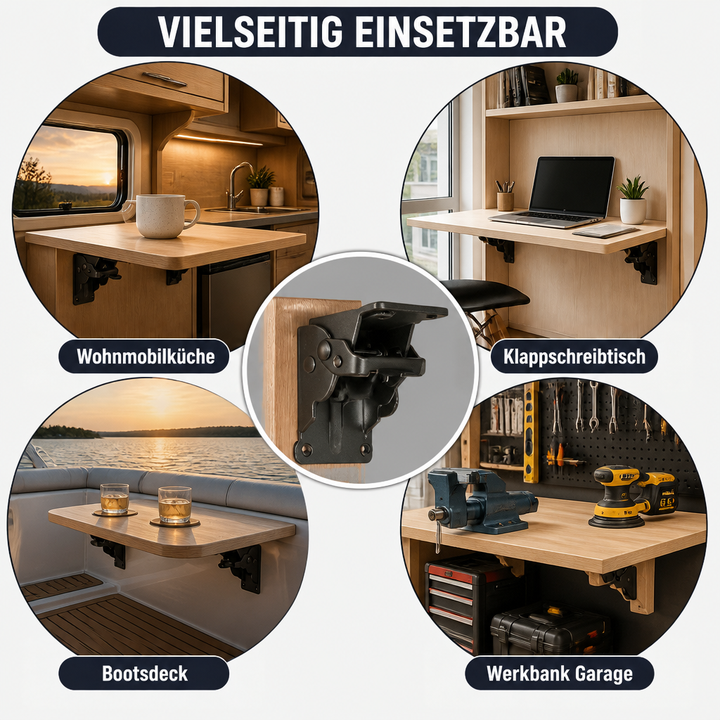 Collage mit Einsatzorten der Halterung: Wohnmobilküche, Klappschreibtisch, Bootsdeck und Garagenwerkbank, in der Mitte ein Einzelbild der Halterung. 6
