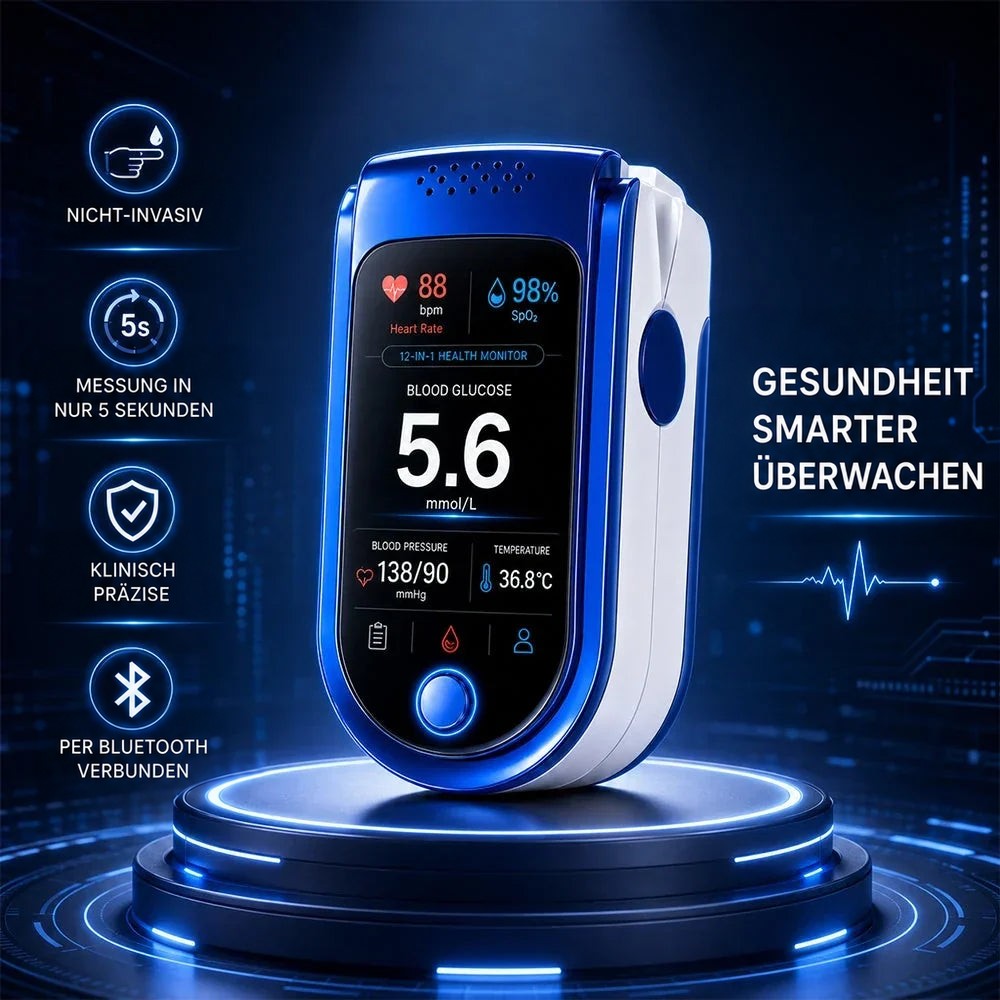 Messgerät auf einem leuchtenden blauen Podest vor dunklem Technikhintergrund, links vier Symbole für Eigenschaften des Geräts. 7