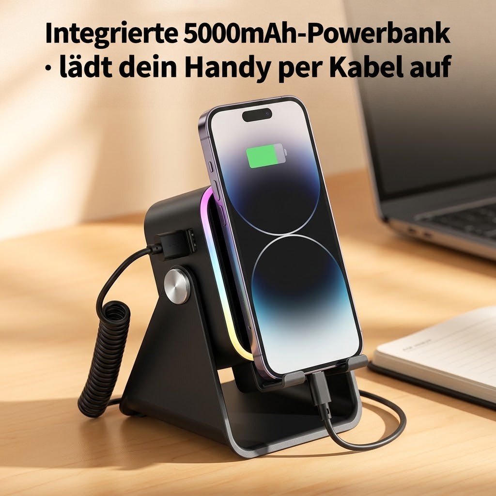 Schwarzer Ständer lädt ein Smartphone per Kabel, daneben ein Laptop und ein Notizbuch auf dem Schreibtisch 5