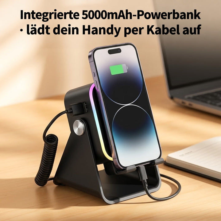 Schwarzer Ständer lädt ein Smartphone per Kabel, daneben ein Laptop und ein Notizbuch auf dem Schreibtisch 5
