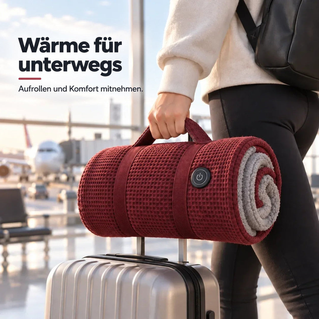 Zusammengerollte rote Decke mit Tragegriff, am Griff eines Rollkoffers befestigt und von einer Hand getragen 2