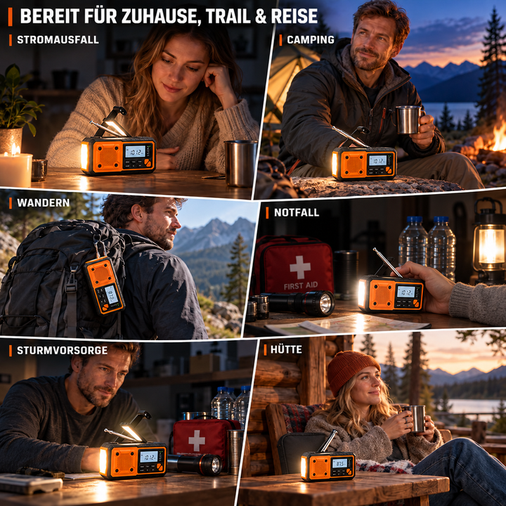 Collage mit sechs Einsatzorten des Radios: Stromausfall, Camping, Wandern, Notfallvorrat, Sturmvorsorge und Hütte, jeweils 9