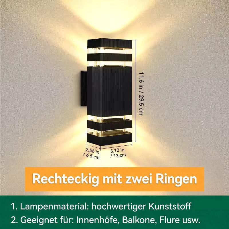 Maßgrafik der eckigen Wandleuchte mit zwei Ringen je Seite, Höhe, Breite und Tiefe eingezeichnet 17