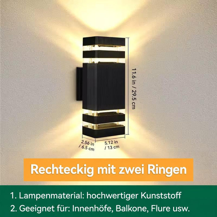 Maßgrafik der eckigen Wandleuchte mit zwei Ringen je Seite, Höhe, Breite und Tiefe eingezeichnet 17
