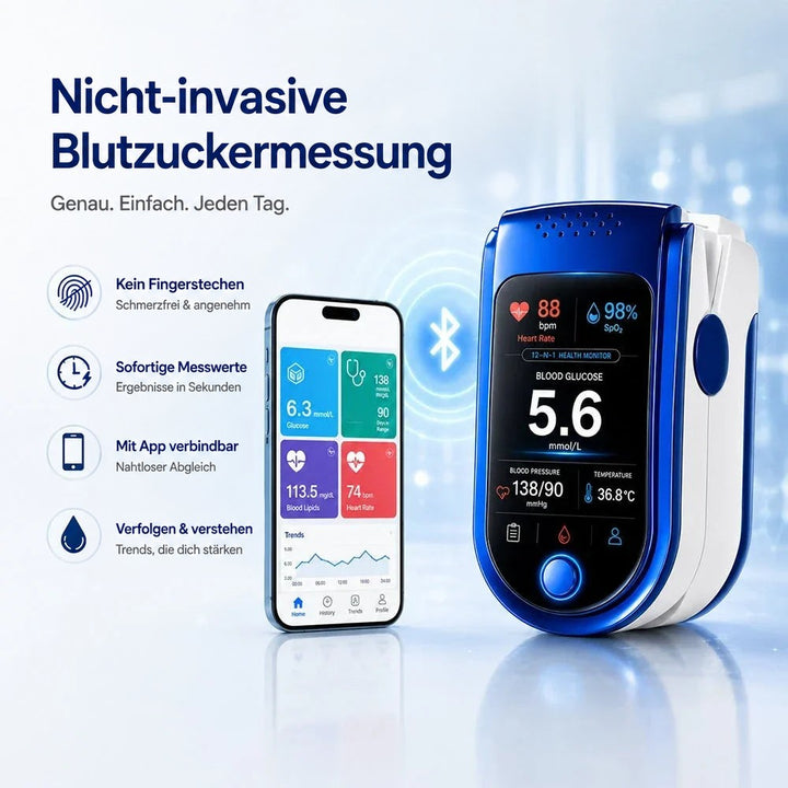 Messgerät mit Bluetooth-Symbol neben einem Smartphone, dessen App Messwerte und einen Verlaufsgraphen anzeigt. 10