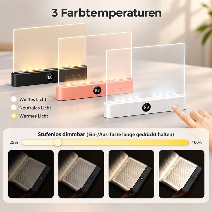 Drei Lampen in Schwarz, Rosa und Weiß mit Lichtfarben und vier Helligkeitsstufen beim Lesen 12