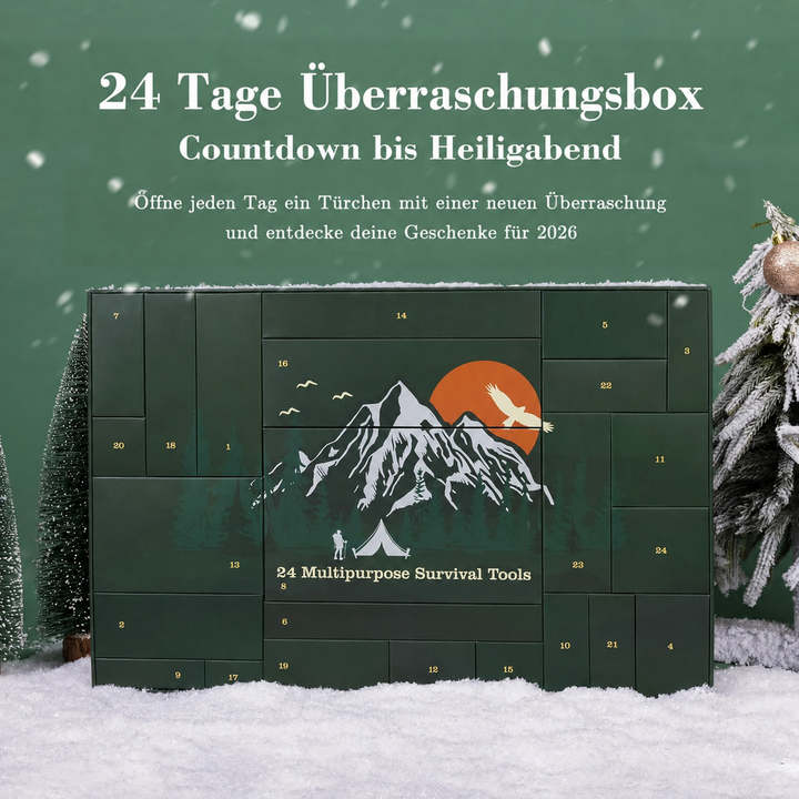 Geschlossener grüner Adventskalender mit nummerierten Türchen vor Schnee und verschneiten Tannenbäumchen 5