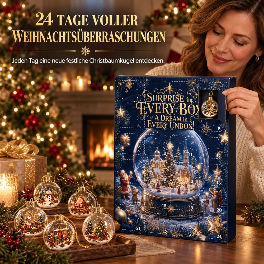 Frau öffnet lächelnd ein Türchen der Kalenderschachtel, im Vordergrund liegen fünf Ornamentkugeln auf einem Holztablett 2