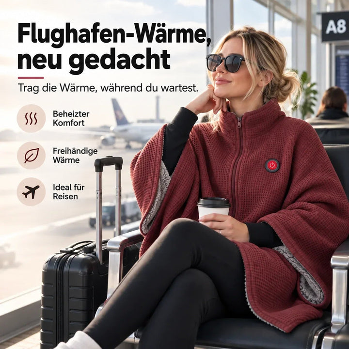 Frau mit Sonnenbrille sitzt im Flughafen, trägt die rote Waffelstrick-Decke mit Reißverschluss und Powerknopf 1