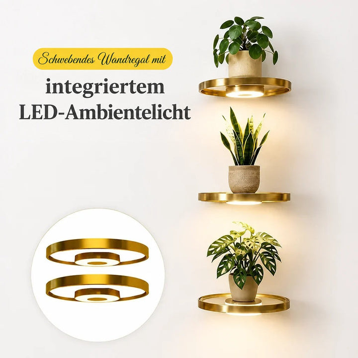 Drei beleuchtete goldene Wandregale mit Pflanzen vor heller Wand, dazu ein runder Ausschnitt mit zwei Regalen einzeln in der Draufsicht. 6