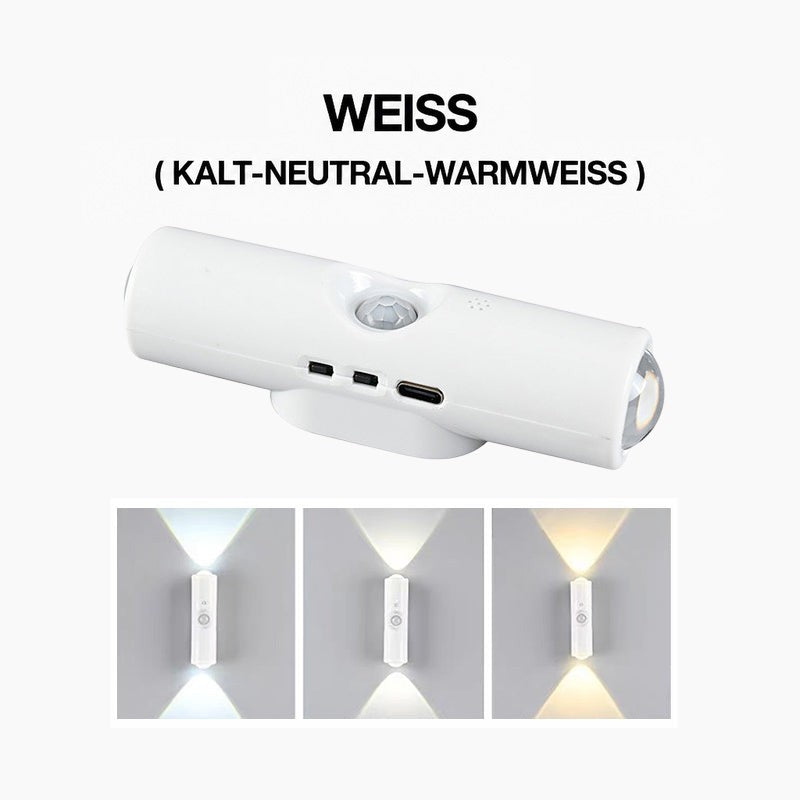 Weiße zylindrische Wandleuchte mit Bewegungssensor und USB-C-Anschluss, darunter drei Lichtfarben von kaltweiß bis warmweiß 1