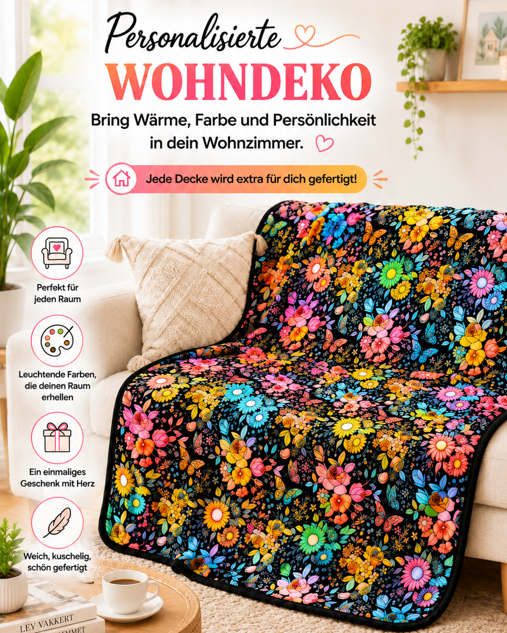 Ausgemalte Decke mit bunten Blumen und Schmetterlingen, über ein helles Sofa im Wohnzimmer gelegt 2