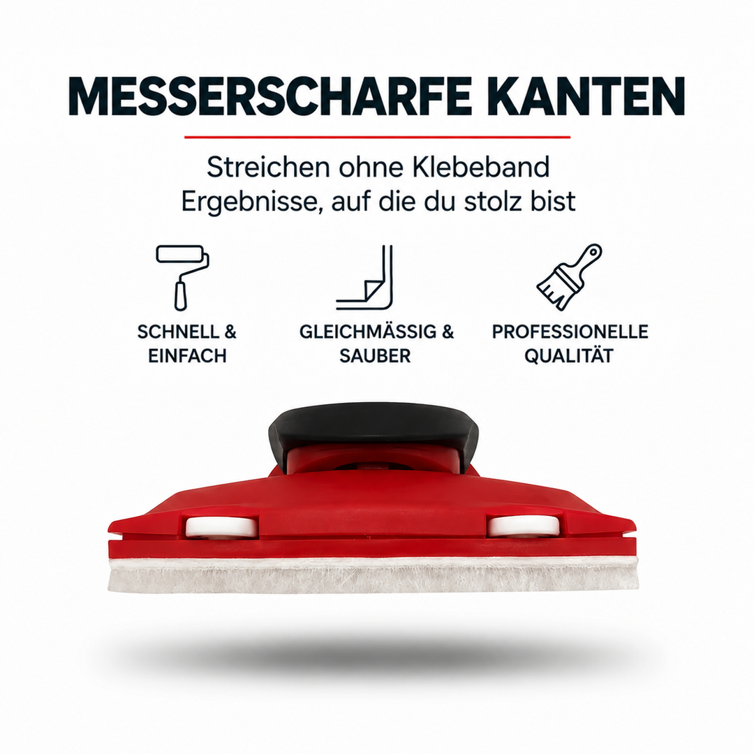 Rotes Handgerät mit schwarzem Griff und weißem Filzstreifen an der Unterkante, seitlich von vorn gezeigt 1