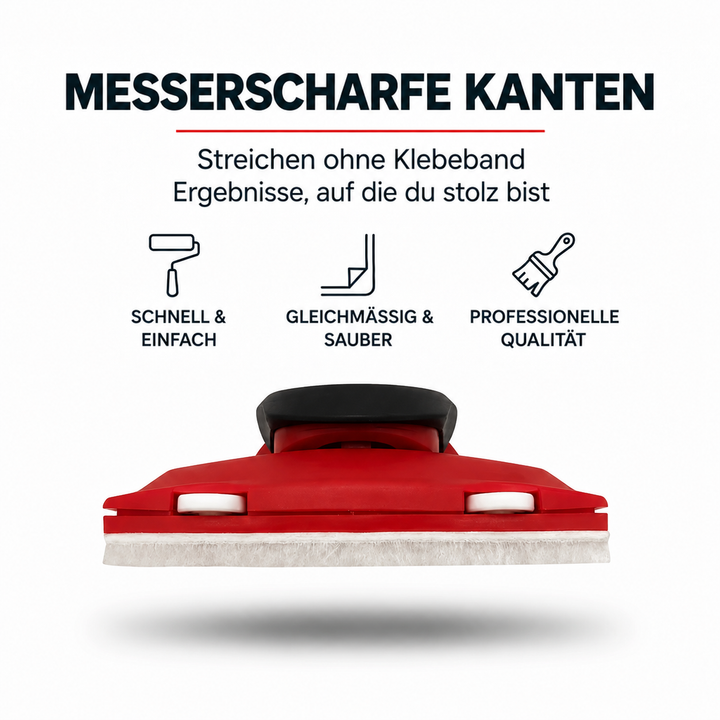 Rotes Handgerät mit schwarzem Griff und weißem Filzstreifen an der Unterkante, seitlich von vorn gezeigt 1