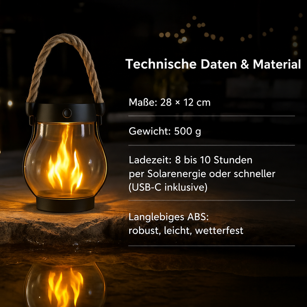 Einzelne Laterne mit Seilgriff und Flammeneffekt bei Nacht neben einer Infotafel zu Maßen, Gewicht und Material 2