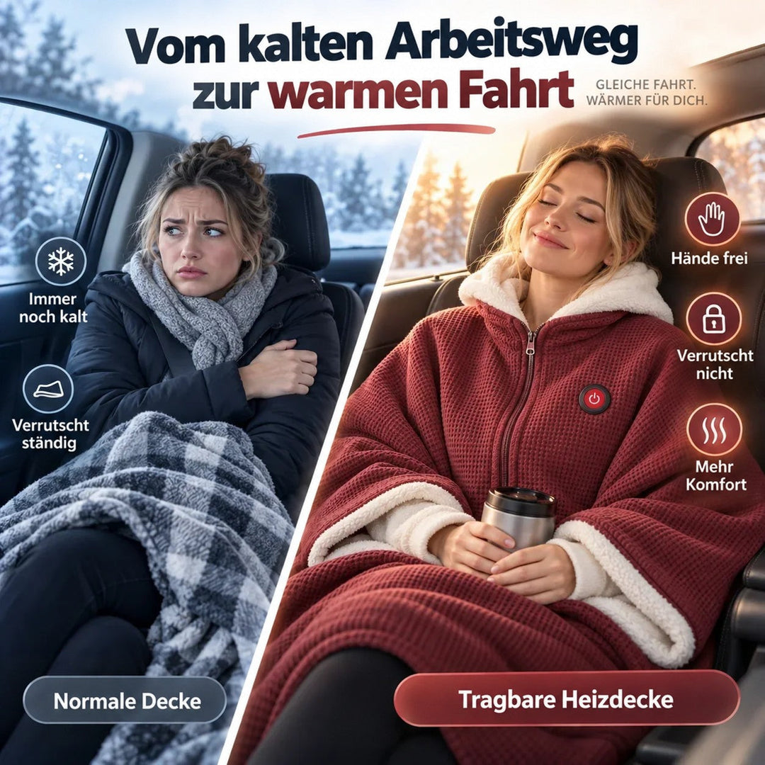 Gegenüberstellung im Auto: links Frau mit gewöhnlicher karierter Decke, rechts Frau in der tragbaren beheizten Decke 4