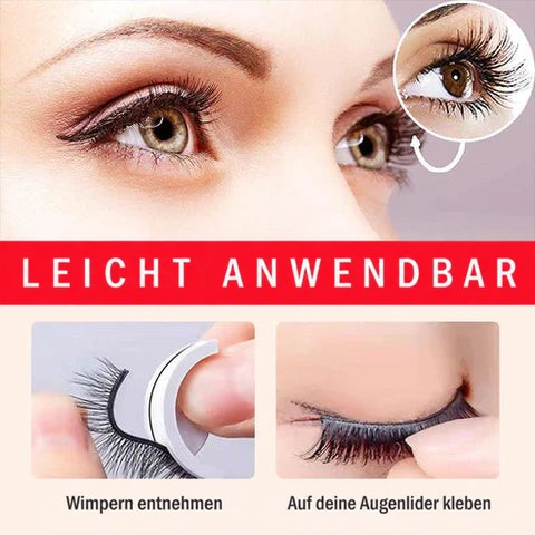 Anwendungsbild: Wimpern werden vom Halter genommen und auf das Augenlid gesetzt, darüber ein Auge mit Wimpern. 2
