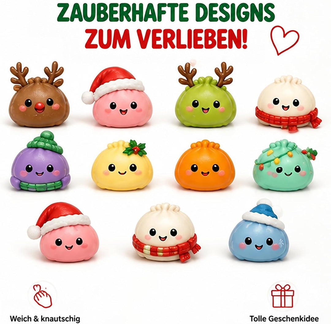 Elf verschiedene weiche Knödel-Figuren mit Gesichtern, Mützen, Schals und Geweih in vielen Farben vor weißem Hintergrund 3