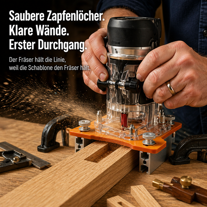 Kantenfräse in der Schablone beim Fräsen eines sauberen Zapfenlochs, Späne fliegen, Zwingen und Winkel liegen auf der Werkbank. 4