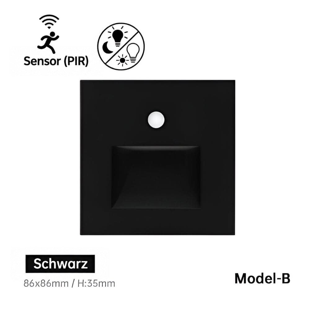 Quadratische schwarze Wandleuchte mit Sensor und rechteckiger Lichtöffnung, Modell B, Frontansicht 12