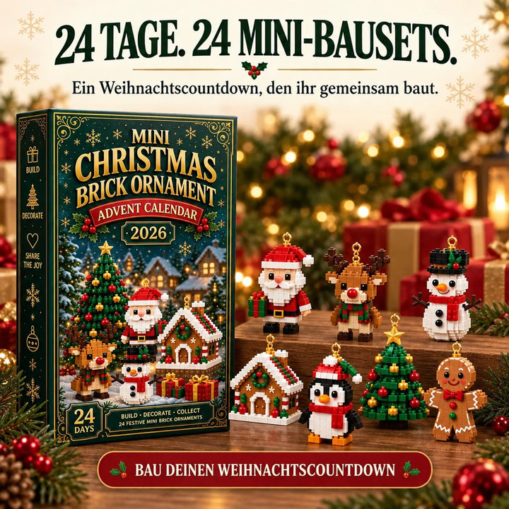 Verpackung neben acht fertigen Figuren auf einer Holzstufe, darunter Weihnachtsmann, Rentier, Schneemann, Tannenbaum, Pinguin und Lebkuchenmann. 8