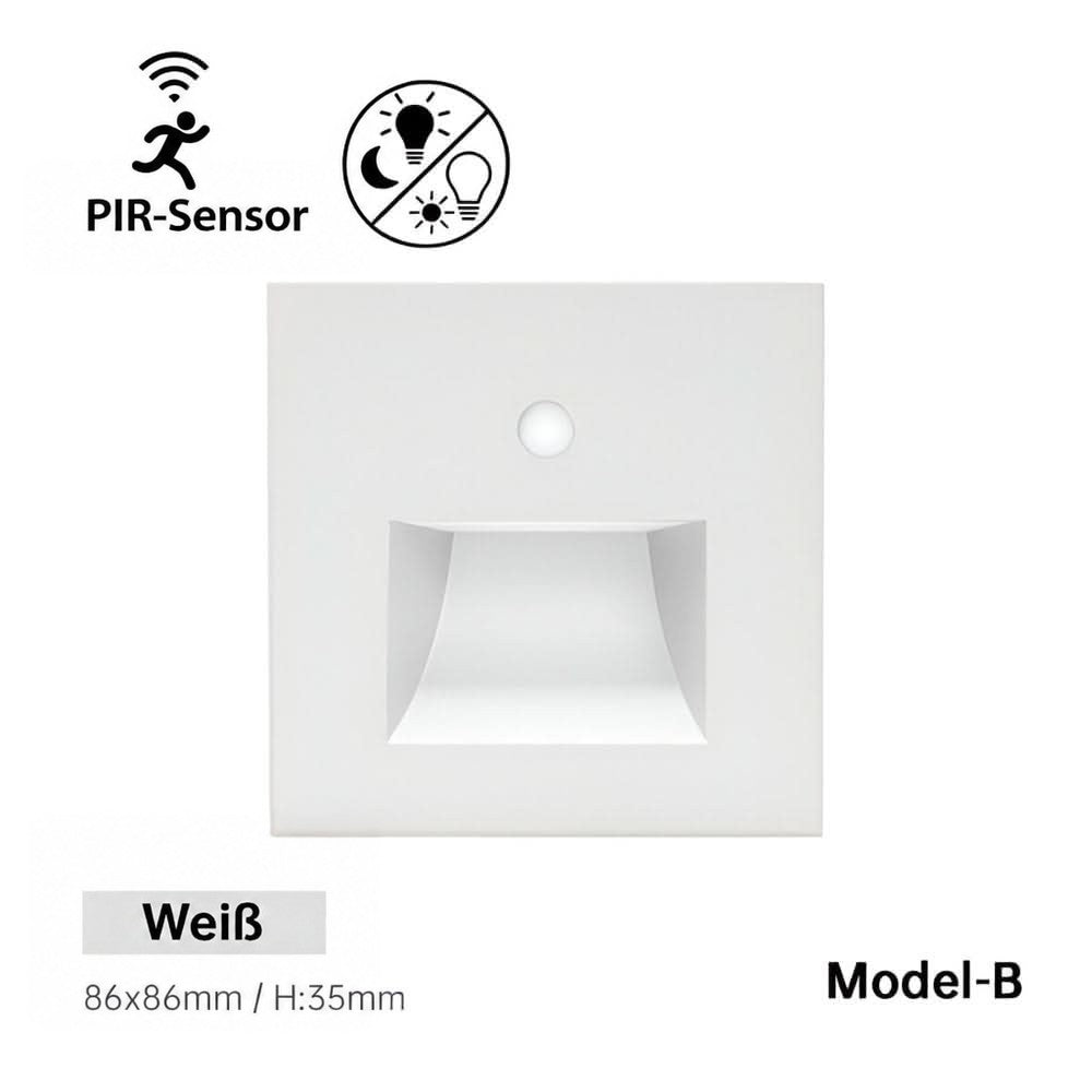 Quadratische weiße Wandleuchte mit Sensor und rechteckiger Lichtöffnung, Modell B, Frontansicht 10