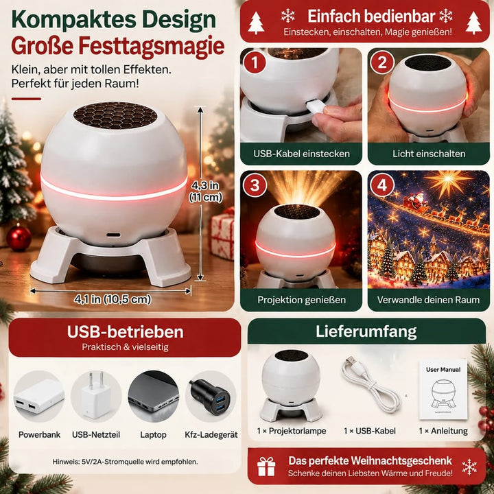 Infografik mit Maßen, Bedienschritten, USB-Stromquellen und Lieferumfang der weißen Projektorkugel samt Kabel und Anleitung 1