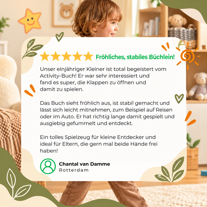 Kundenbewertung mit fünf Sternen über einem Kleinkind im Hintergrund, das durch ein Wohnzimmer geht 10