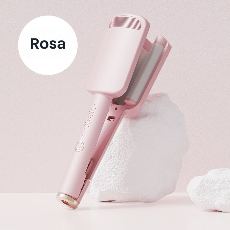 Rosafarbenes Welleneisen lehnt an einem weißen Steinblock vor rosa Hintergrund 3