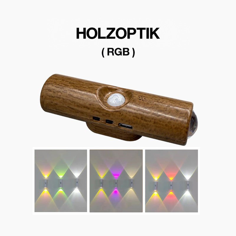 Holzoptik-Leuchte mit Sensor und Ladeanschluss, darunter Beispiele für den mehrfarbigen Lichtmodus 6