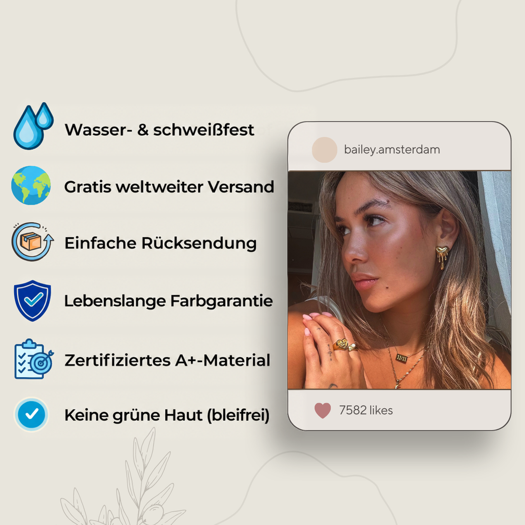 Infografik mit Symbolen zu Produktvorteilen neben einem Social-Media-Beitrag mit lächelnder Frau mit goldenem Schmuck 4