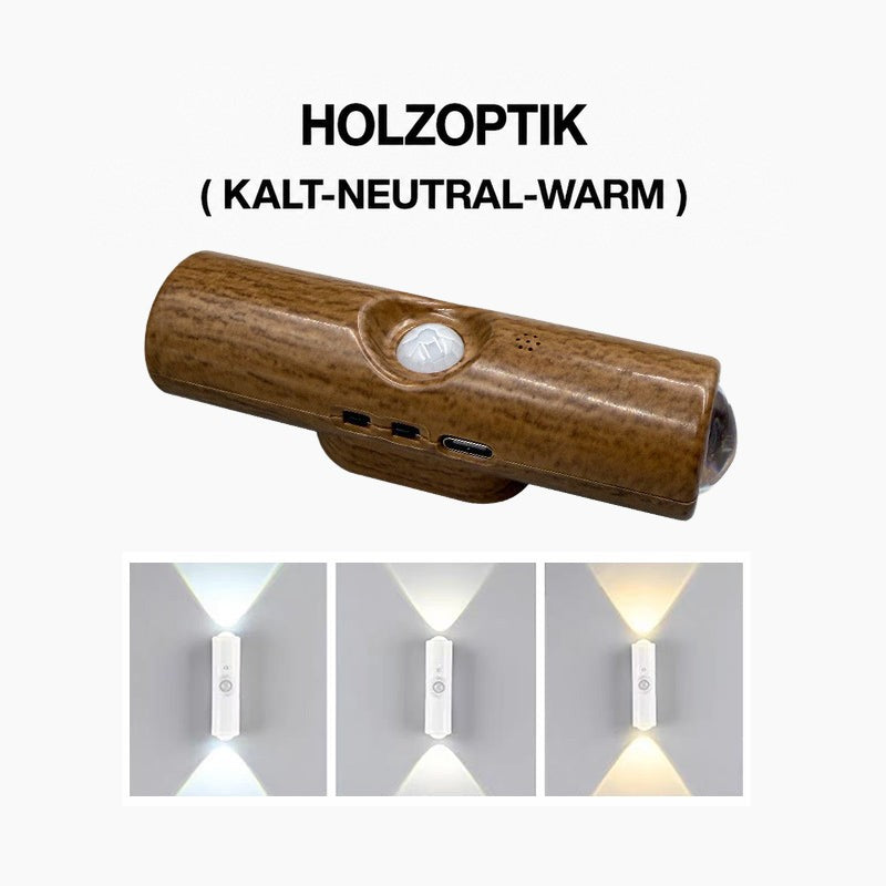 Wandleuchte mit Holzmaserung-Gehäuse, Sensor und USB-C-Anschluss, darunter drei Weißlicht-Stufen an der Wand 5