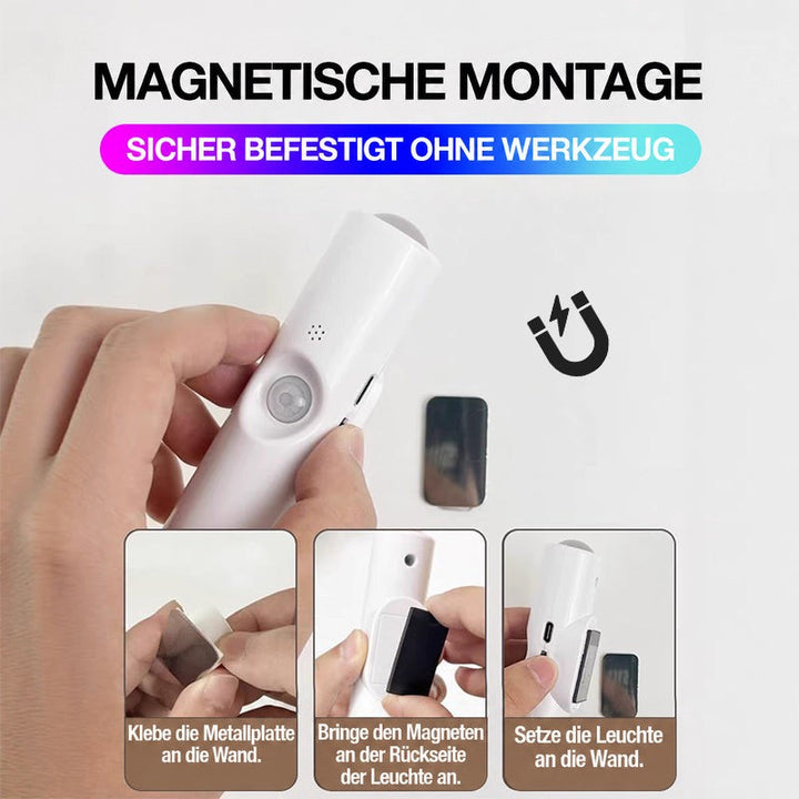 Montage in drei Schritten: Metallplatte an die Wand kleben, Magnet an der Rückseite anbringen, Leuchte anhängen 11