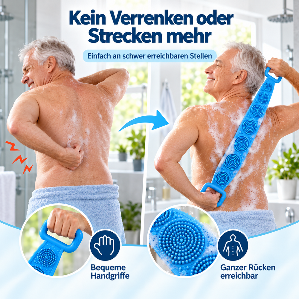 Vorher-nachher-Vergleich: Mann mit verdrehtem Arm, daneben bequemes Rückenschrubben mit dem Band, Griff und Noppen im Detail 2