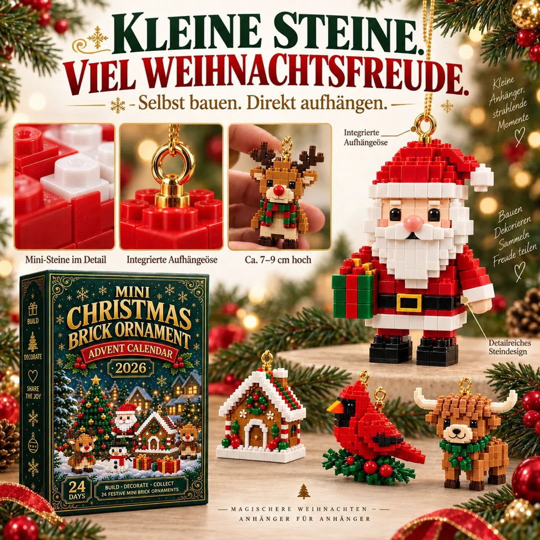 Detailaufnahmen der kleinen Steine und der goldenen Aufhängeöse, dazu große Weihnachtsmann-Figur mit Lebkuchenhaus, Kardinal und Highland-Rind. 6