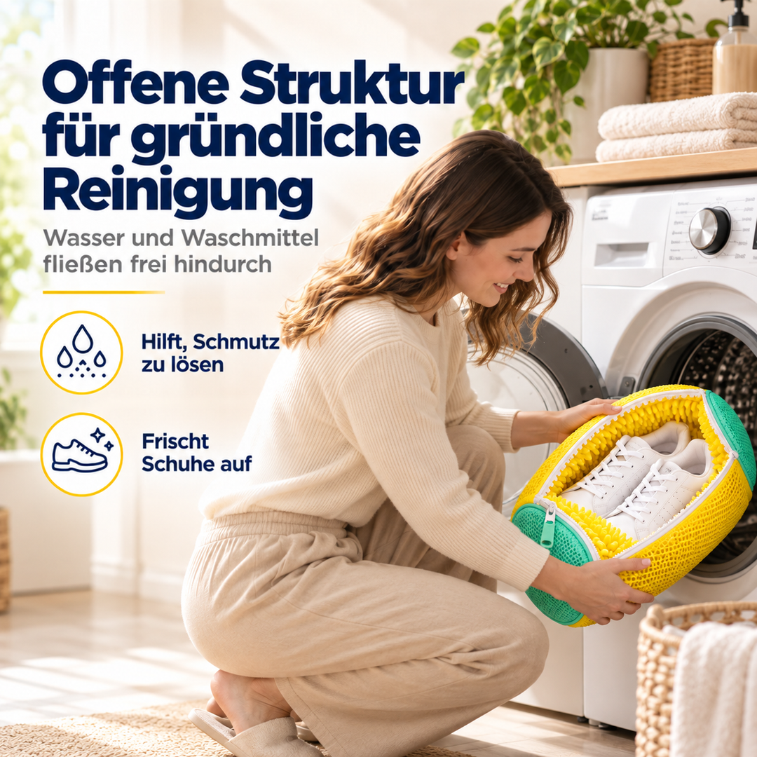 Lächelnde Frau in beiger Kleidung legt die gelbe Schuhtasche mit Sneakern in die Waschmaschine 4