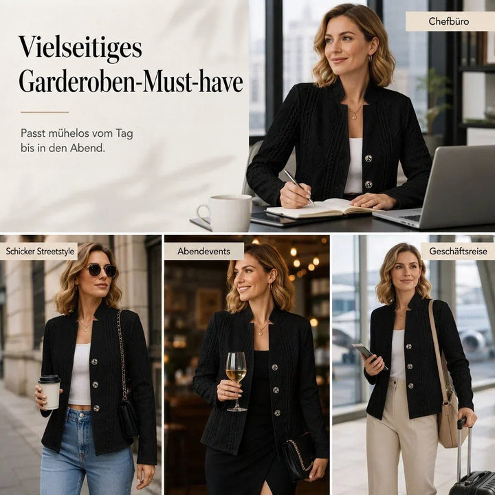 Collage einer Frau im schwarzen strukturierten Blazer mit Knopfleiste: im Büro, auf der Straße, am Abend und auf Geschäftsreise. 21