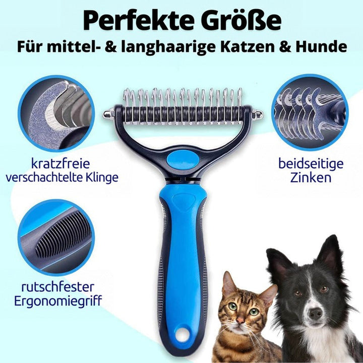 Blau-schwarzer Fellpflege-Rechen mit Edelstahlzinken und rutschfestem Griff, umgeben von Detailkreisen zu Klinge, Zinken und Griff, daneben Katze und Hund. 1