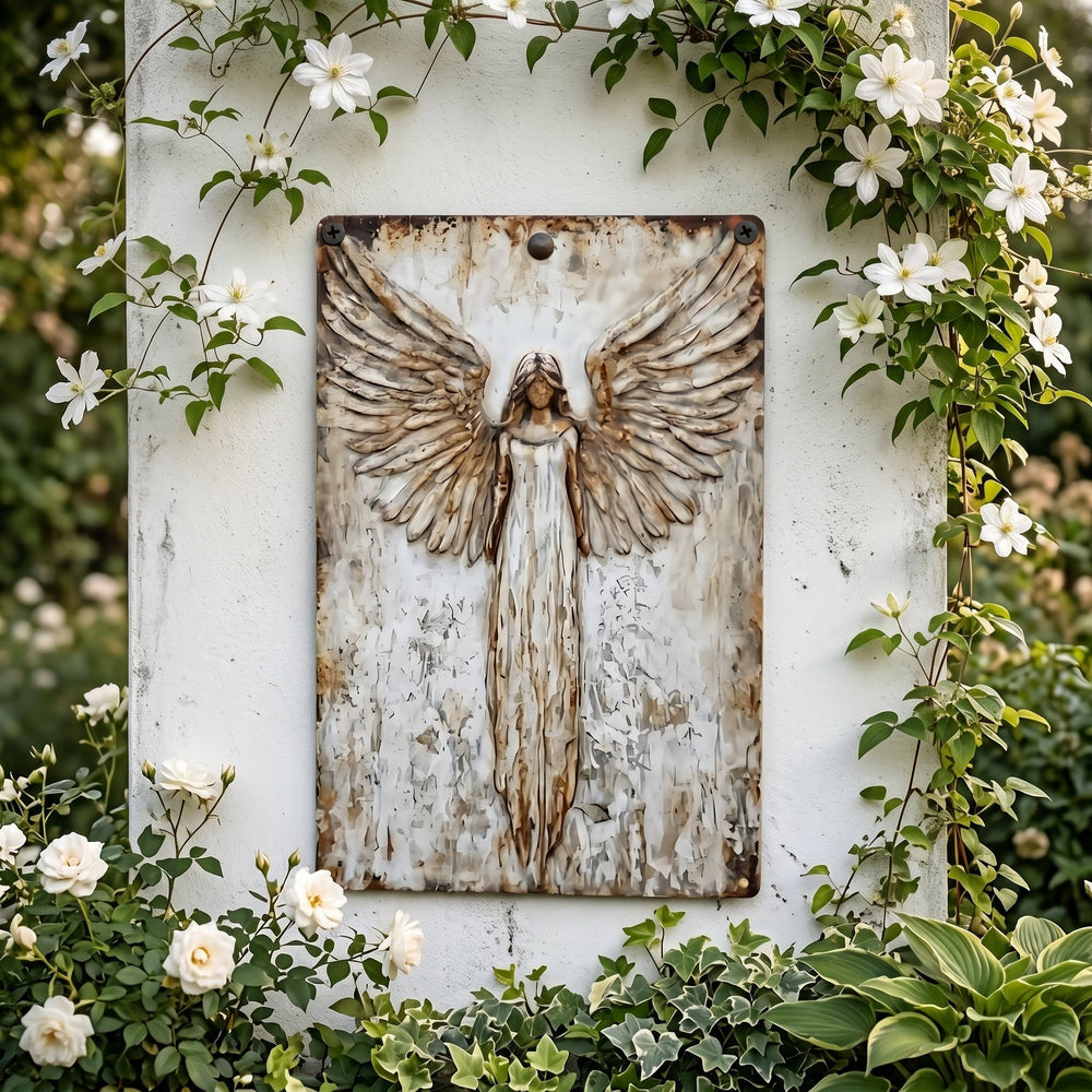 Engel-Schild an einer weißen Gartenwand, umrankt von weißen Clematisblüten und Rosen 2