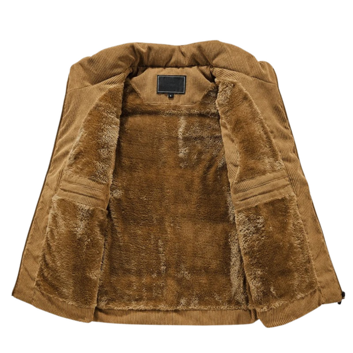 Khaki Cordjacke mit braunem Kunstfellfutter, Herrenmode, Winterjacke, warm und stilvoll.