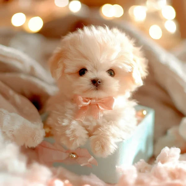 Flauschiges cremeweißes Plüschwelpchen mit rosa Schleife am Hals sitzt in einer mintfarbenen Schachtel auf weichen Decken. 5