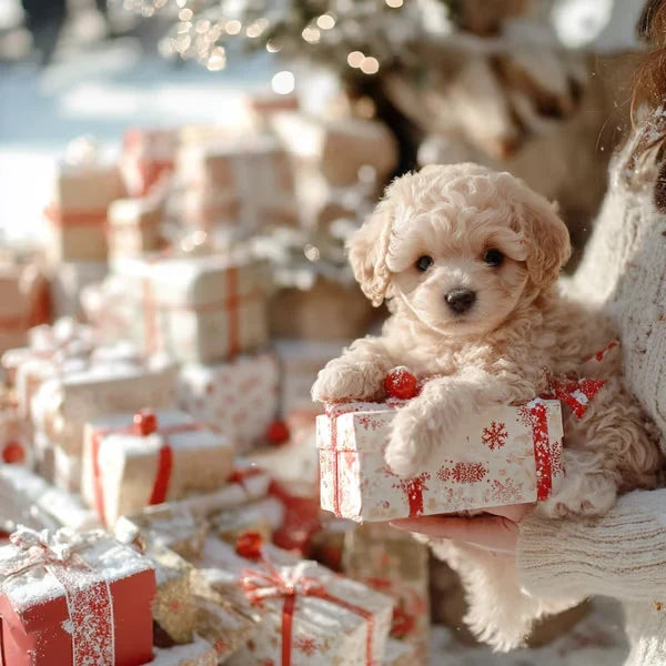 Cremefarbenes Plüschwelpchen stützt sich auf ein rot-weißes Geschenkpaket, umgeben von weihnachtlich verpackten Päckchen im Schnee. 2