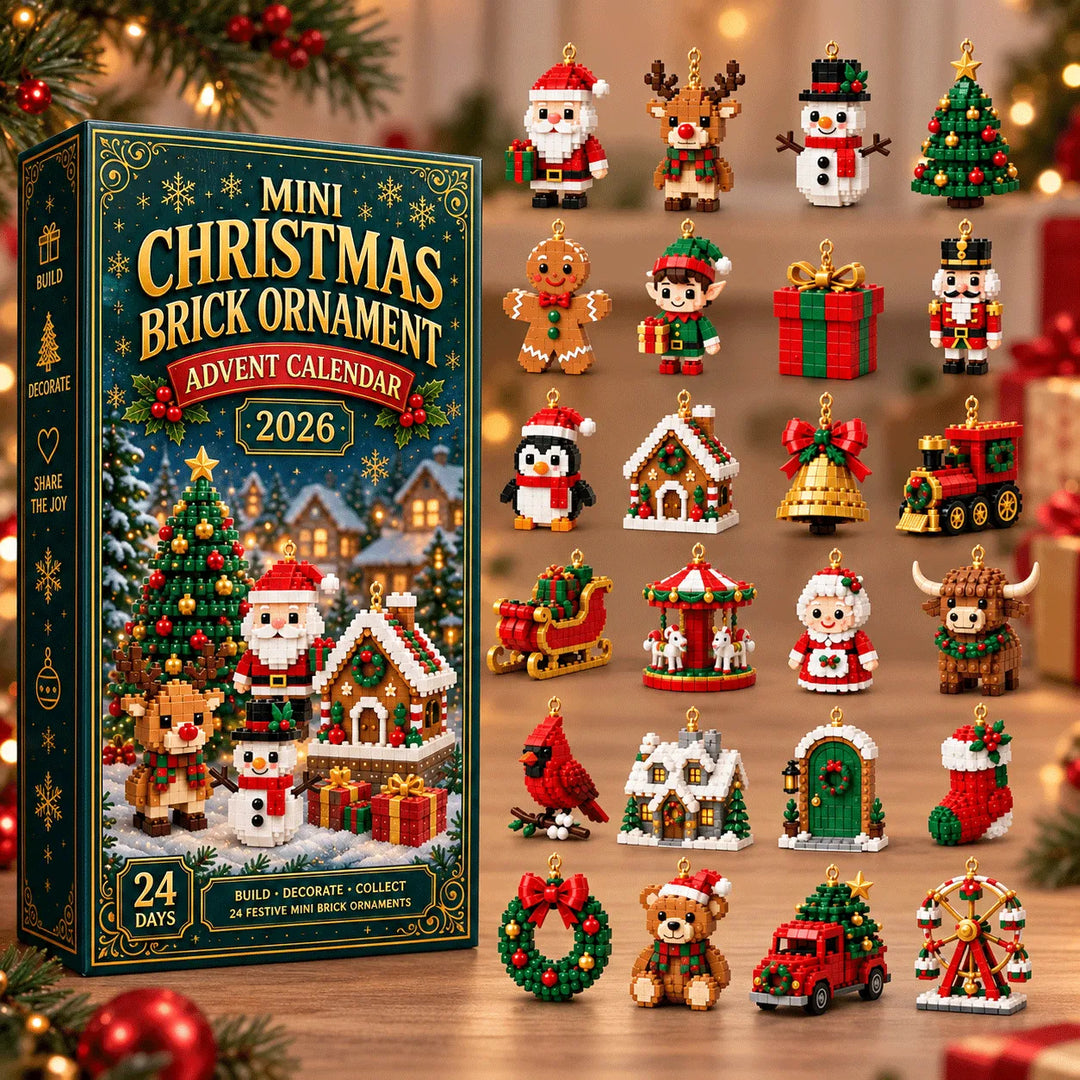 Verpackung neben allen 24 fertigen Figuren in sauberen Reihen angeordnet, von Weihnachtsmann bis Riesenrad. 9