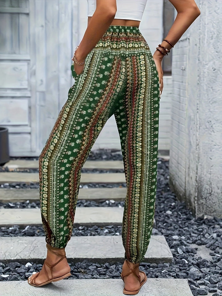 Boho damebukser med høj talje, print og smocket talje – Linara