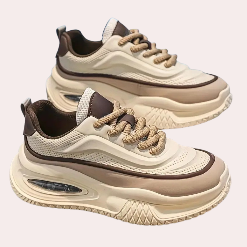 Beige Sneaker mit dicker Sohle, Mesh- und Lederoptik, modisches Design, Unisex-Sportschuh.