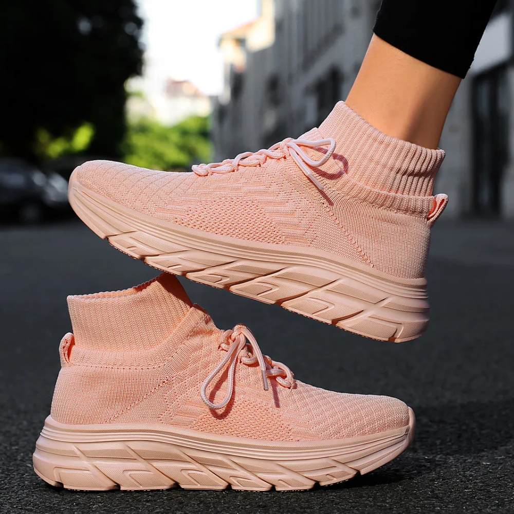 Rosa Damen-Sneaker, atmungsaktiv, Strickmaterial, ideal für Laufen und Freizeit.